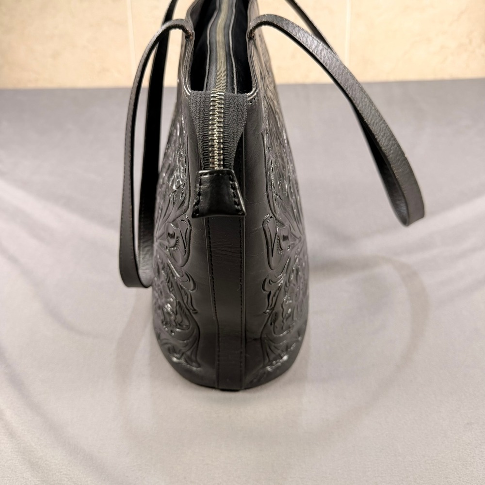 Mauzari Floral Tooled Tote Cowhide Leather Black Medium 14x10 Zip Top Bag - Picture 15 of 16